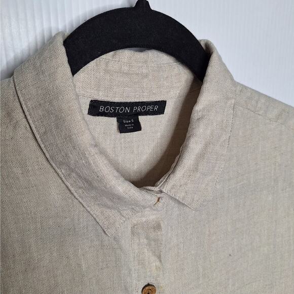 Boston Proper Linen Shirt Dress Small Beige Oatmeal Button Front Collared Safari - Picture 7 of 13